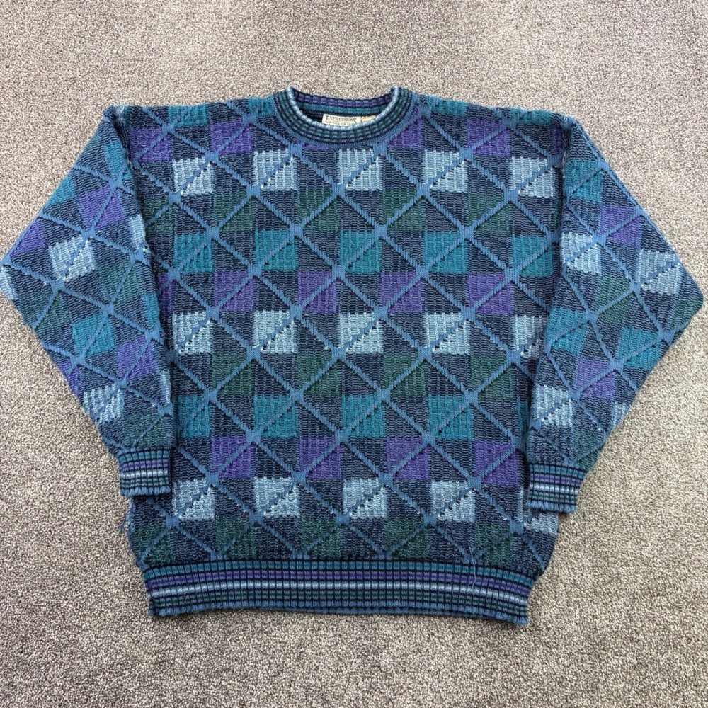 Vintage Expressions Sweater Mens XL Blue Purple 3D Knit Textured Coogi Style